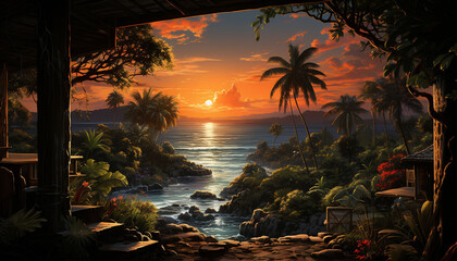 Sticker - Sunset over tropical coastline, palm trees sway in tranquil paradise generated by AI