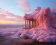 As the winter sun sets over the beach, a surreal house covered in pink cotton candy stands amidst a landscape of foam clouds and smoke, evoking a feeling of whimsy and wonder