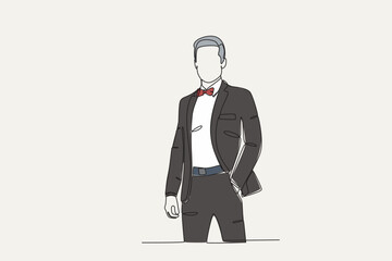 Color illustration of a man wearing a suit and bow tie. Tuxedo one-line drawing