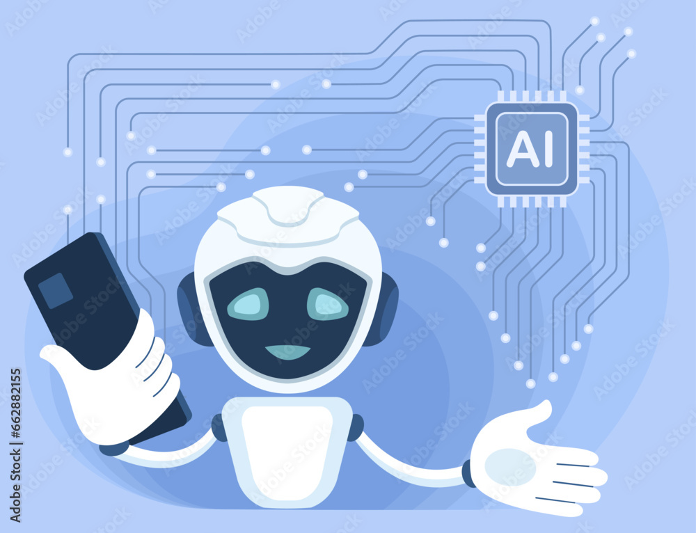 Chat bot robot with a smartphone in hand and artificial intelligence ...