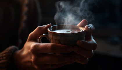 Sticker - Hand holding hot coffee mug, steam rising, indoor relaxation generated by AI