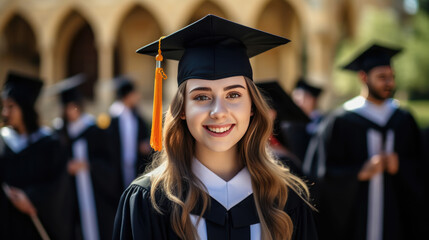 Wall Mural - Happy smiling graduating student girl in an academic gown standing in front of other alumni