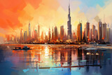 Fototapeta Londyn - oil painting on canvas, Dubai city - amazing city center skyline and famous Jumeirah beach at sunset, United Arab Emirates. (ai generated)