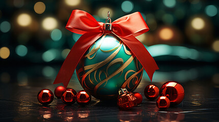 Canvas Print - Green and gold christmas ball with red ribbon