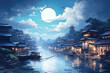 oil painting on canvas, Xitang ancient town , Xitang is first batch of Chinese historical and cultural town in the night, located in Zhejiang Province, China. (ai generated)