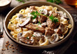 Beef stroganoff meal with pasta with gravy sauce on restaurant table.Macro.AI Generative