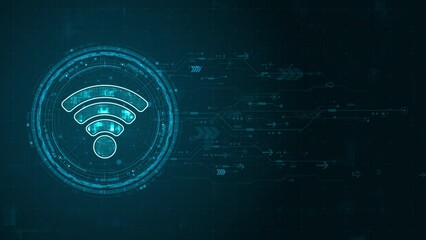 Poster - Motion graphic of Blue digital WIFI logo and circle futuristic HUD elements with flowing arrows with data transfer and Wireless Fidelity connection concepts on abstract background