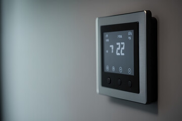 Close-up of bathroom's grey wall with a black light switch, digital monitor, and climate control panel. modern tools for the house. Generative AI