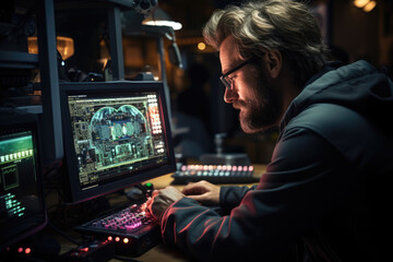 Poster - A scientist observing an oscilloscope's display of electrical waveforms, studying the characteristics of signals. Concept of waveform analysis. Generative Ai.