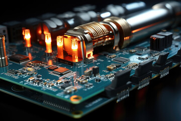 Poster - A close-up of a soldering iron delicately joining two electrical components, showcasing precision craftsmanship. Concept of electrical craftsmanship. Generative Ai.