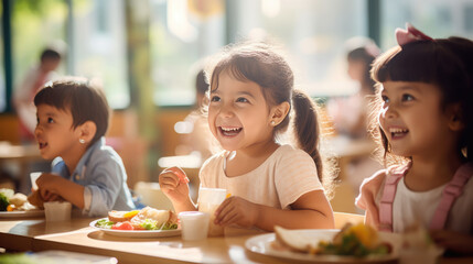 Group of preschoolers sitting in the school cafeteria eating lunch.