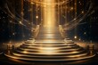 Decorative golden awards invitation with a trophy on stage platform, spotlight, elegant steps/floor. Night of jubilee and wedding entertainment. Generative AI