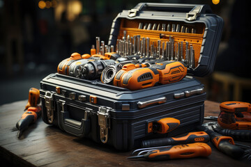 Poster - A person holding a toolbox with various tools, representing the resourcefulness and adaptability required in entrepreneurial endeavors. Concept of problem-solving. Generative Ai.