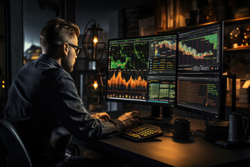 Poster - a person investing in global stocks through an online trading platform, participating in the global 