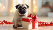 © Tetiana - A charming beige pug posing next to a Christmas gift adorned with a red bow in a bright and festive home setting, complete with bokeh background and ample text space.