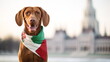 Happy smiling hungarian vizsla dog wearing national flag of Hungary at background of the sights of Budapest