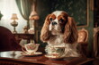 Funny cavalier king charles spaniel dog drinking  a cup of traditional english tea in royal palace