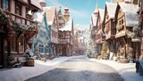 Fototapeta Uliczki - Coloured Christmas town streets with snow on the road