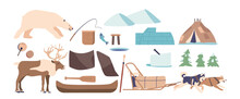 Eskimo Items And Objects Cartoon Vector Set. Polar Bear, Reindeer, Tambourine And Rod. Igloo And Yurt Dwellings