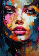 woman paint face turquoise pink yellow tear drops soft blue tints portrait female rogue bold hard closeup