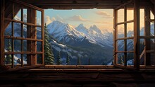  An Open Window With A View Of A Snowy Mountain Range.  Generative Ai