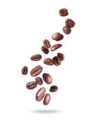 Wall Mural - Coffee beans scattered in the air isolated on a white background. Falling coffee beans on white space