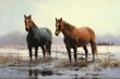 Two young racehorses standing in a rain-soaked winter pasture. Generative AI
