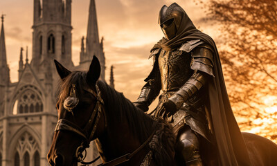 Medieval warrior in armor riding a horse with a Gothic cathedral in the background