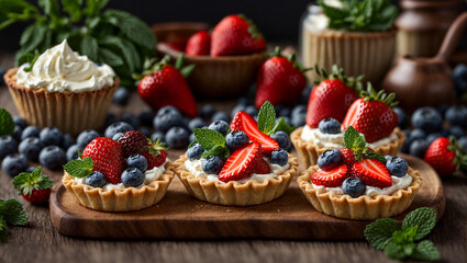 Wall Mural - Appetizing tartlets with cream, strawberries, blueberries, mint