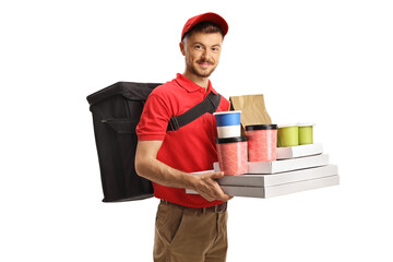 Wall Mural - Food delivery guy with a bag on his back holding many boxes