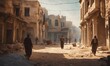 Refugees and displaced by war or a natural disaster walking through the streets of a destroyed city. Ruined demolition town. A city devastated by war and bombing. Middle east crisis