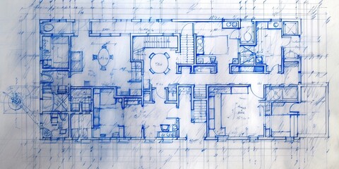 Generative AI, Blue print floor plan, architectural background, technical draw