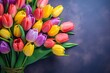 Bunch of tulips on a background, viewed from above. Generative AI