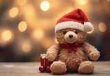 Cute teddy bear with santa claus hat, bokeh background, christmas and parties concept. Generative AI