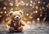 Cute teddy bear with santa claus hat, bokeh background, christmas and parties concept. Generative AI
