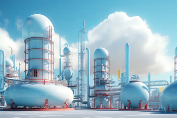 Wall Mural - Futuristic hydrogen, petroleum, chemical or ammonia industrial plant. Industrial zone with storage tanks and pipelines