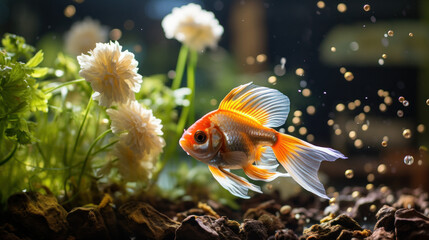 Wall Mural - Aquarium Goldfish swim among algae and stones, corrals and underwater plants in an aquarium