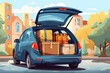 © serz72 - Open trunk of a car with suitcases and belongings, moving to another accommodation, moving out of a student's home or traveling concept, illustration