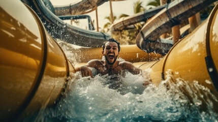 Wall Mural - A happy person riding on the water slide in the waterpark