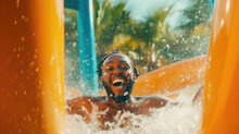 A Happy Person Riding On The Water Slide In The Waterpark