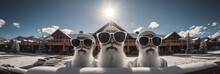 Three Santa’s Wearing Sunglasses Peaking Over S Snow Covered Fence - Ski Resort - Chalet - Vacation - Spa - Holiday - Getaway - Extreme Close-up Shot - Christmas - Winter 