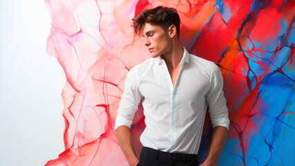 Portrait of a handsome young man in a white shirt on a colorful background