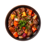Fototapeta Przestrzenne - bowl of beef stew with vegetables top view isolated on white background, ai generated