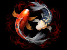 Two Koi Carp In The Shape Of Yin Yang Symbol On A Black Background