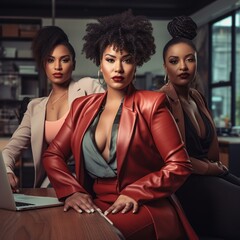 Three woman plus size sitting in office at desk with a laptop.