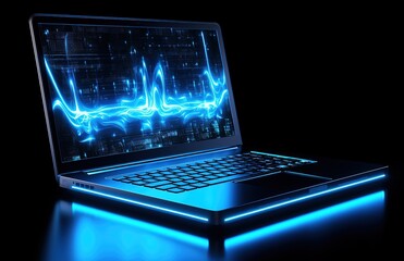 Poster - Laptop with blue lighting on a dark background.