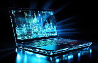 Poster - Laptop with blue lighting on a dark background.