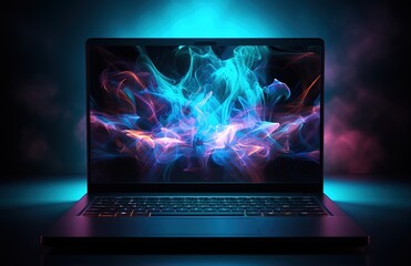 Poster - Laptop with blue lighting on a dark background.