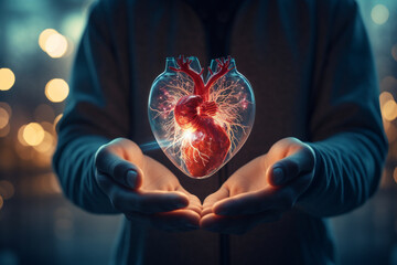 Wall Mural - A person holding a human heart the heart is highlighted in the center of the image and the person is out of focus. Generative AI