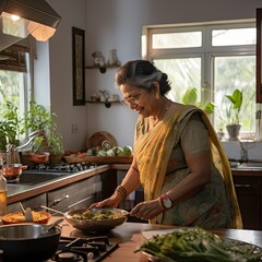 indian grandmother cooking in modern kitchen for family